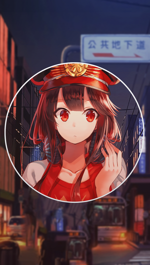 Anime girl in a red hat and jacket in a city at night