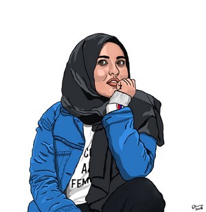 Woman wearing hijab and denim jacket, digital art