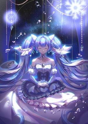Hatsune Miku in a sparkling blue dress with long hair