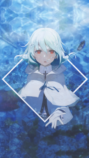 Anime girl with white hair and red eyes in a white cloak