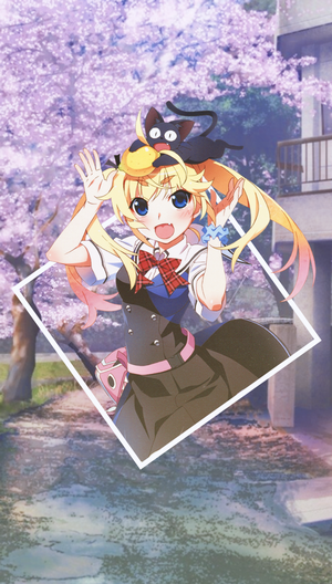 Anime girl with black cat and yellow fruit on head