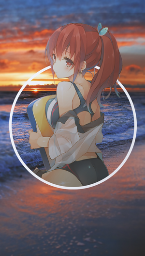 Anime girl with red hair holding a float on the beach at sunset