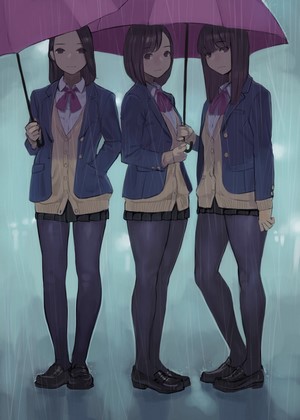 Three anime girls in school uniforms under an umbrella