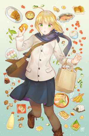 Saber from Fate Series surrounded by food