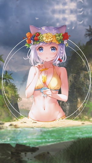 Anime girl in bikini with flower crown drinking champagne on beach