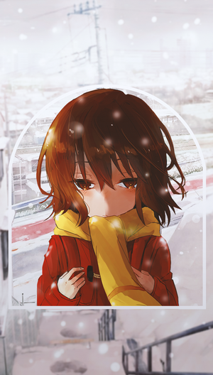 Anime girl in red coat and yellow scarf in snow
