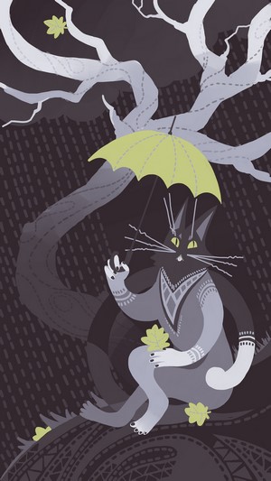Cat with umbrella under a tree in the rain