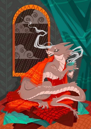 Dragon wrapped in a blanket drinking tea by the window