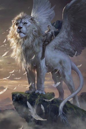 Winged lion with rider on a cliff