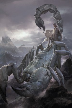 Man sitting on a giant scorpion in a misty landscape