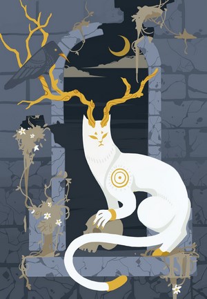 White cat with antlers and a crow in a castle window