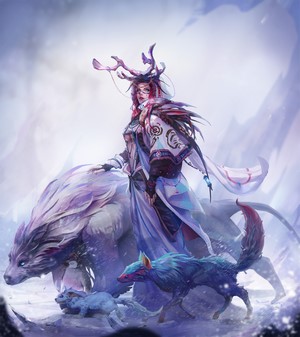 Woman with Antlers and Wolf Companions in Snowy Landscape