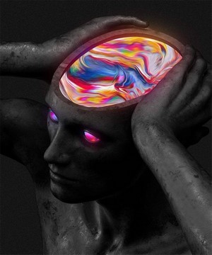 Statue with colorful mind and glowing eyes