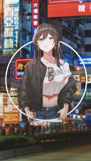 Anime girl in a circle with neon city background
