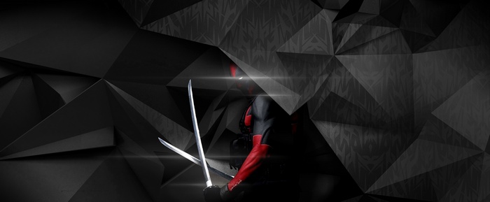 Deadpool with swords against abstract background