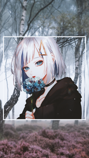 Anime girl with white hair holding a blue flower