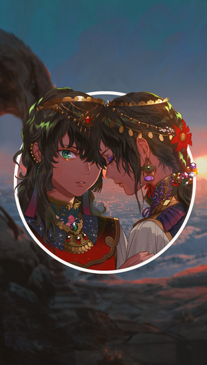 Anime characters with ornate jewelry and clothing