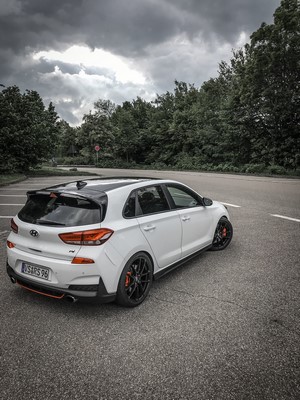 White Hyundai i30 N hot hatch parked on asphalt