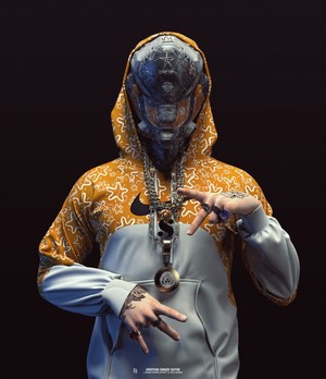 Cyberpunk robot wearing Nike hoodie and chains