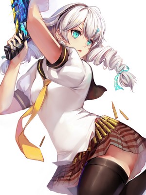 Anime girl with white hair holding a gun
