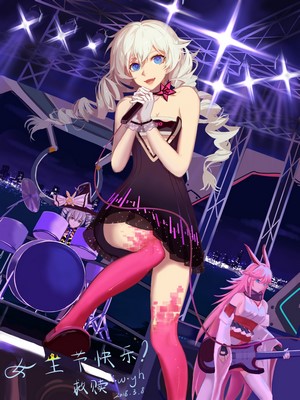 Anime girls performing on stage with instruments