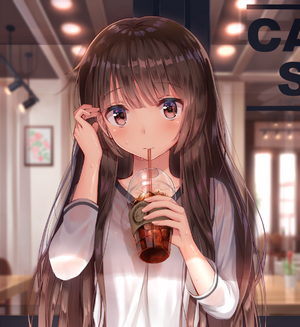 Anime girl drinking iced coffee indoors
