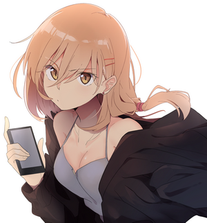 Anime girl with blonde hair holding a cellphone