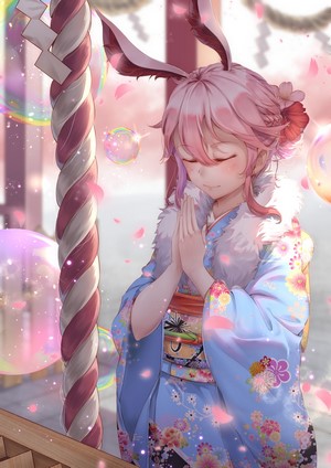 Anime girl with pink hair and bunny ears in kimono