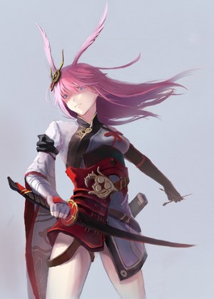 Anime girl with pink hair and katana from Honkai Impact