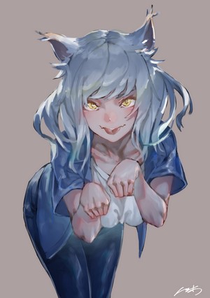 Cat girl with yellow eyes and white hair from Monogatari Series