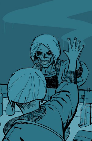 Skeleton woman in bathroom looking in mirror