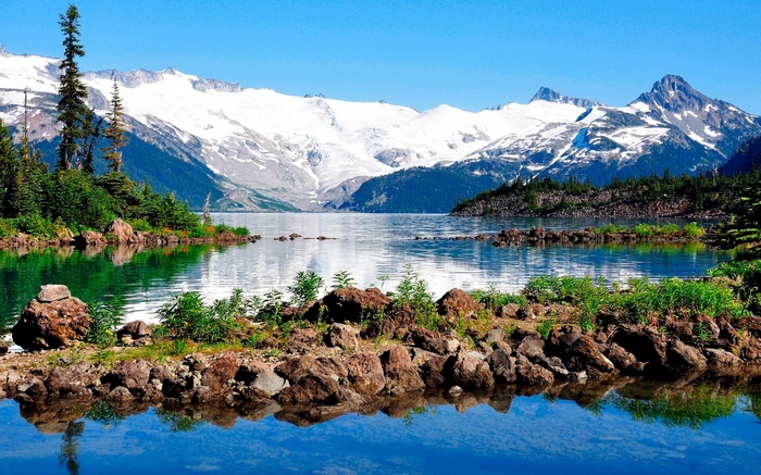 Lake and snow-capped mountains with trees