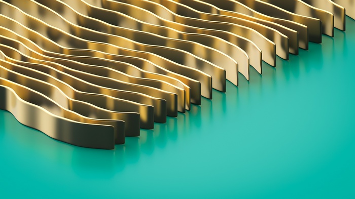 Wavy golden metallic strips on a teal surface