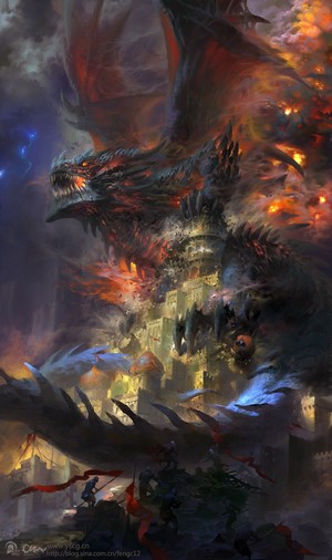 Deathwing the dragon attacking a city