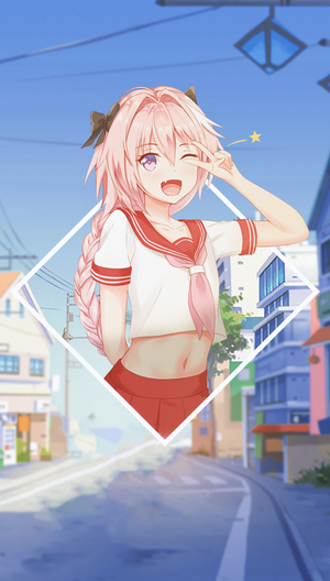 Astolfo in a sailor uniform in a city street