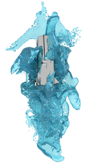 3D render of a metallic object in cyan fluid splash