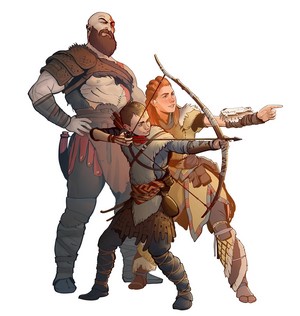 Kratos, Atreus, and Aloy crossover art