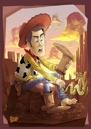 Sheriff Woody from Toy Story with a snake in the desert
