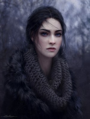 Woman with dark hair and blue eyes wearing a scarf and fur coat