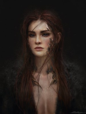 Painting of a redhead woman with blue eyes