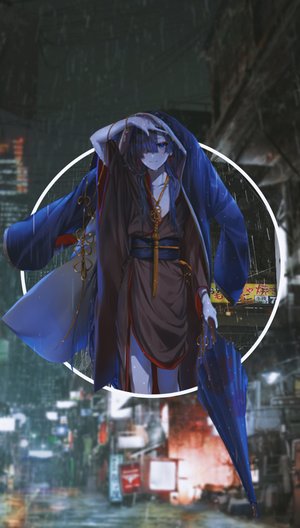 Anime character in a blue robe holding an umbrella