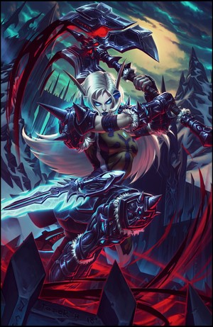 Sylvanas Windrunner from World of Warcraft holding a scythe and sword