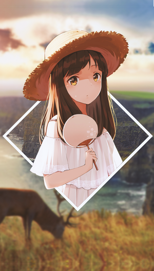 Anime girl with straw hat and fan in front of landscape