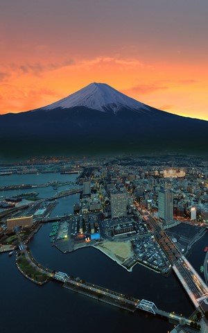 Mount Fuji over Yokohama City at sunset