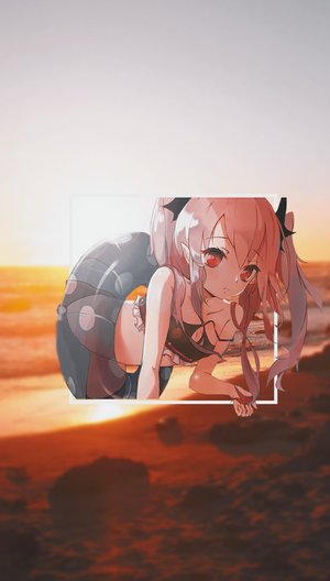 Anime girl with red eyes and pink hair on a beach