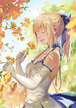 Saber Lily from Fate/Grand Order smelling flowers