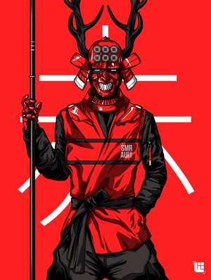 Samurai with horns and staff on red background