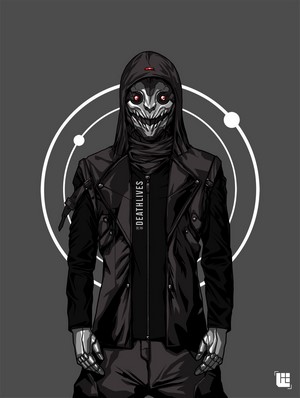 Masked figure with "DEATHLIVES" shirt and leather jacket
