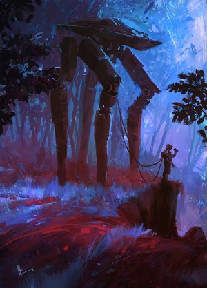 Pilot with Mech in a Sci-Fi Forest