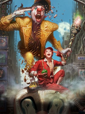 Clowns with machine elements and a torch